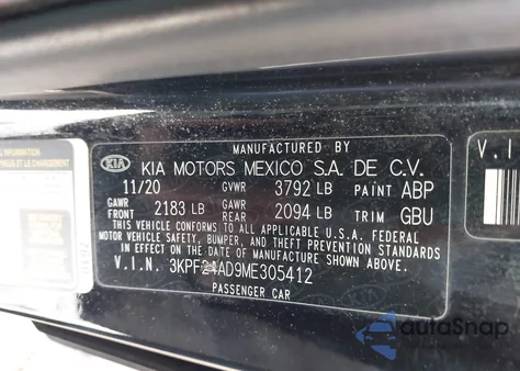 2021 Kia Forte Lxs из США, поврежденный, VIN 3KPF24AD9ME305412